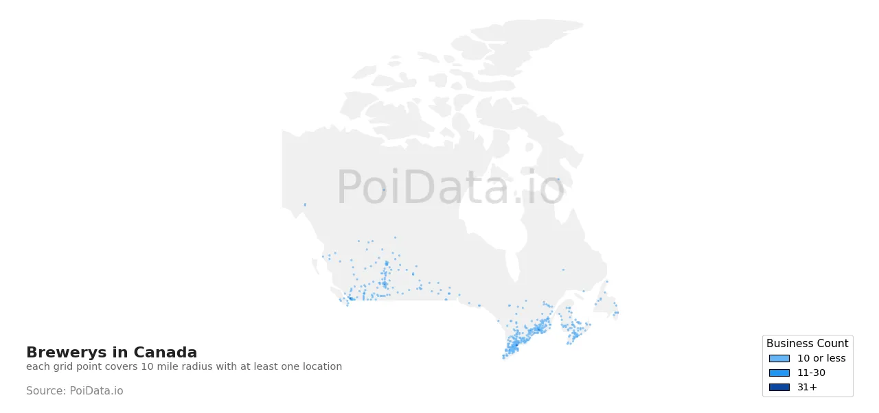 Brewery density map for Canada
