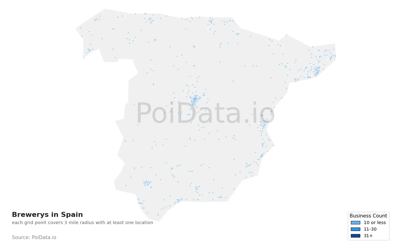 Brewery density map for Spain