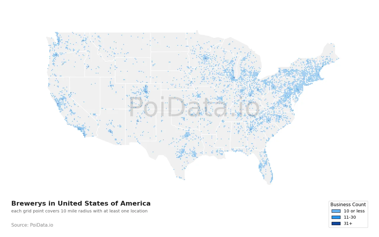 Brewery density map for United States