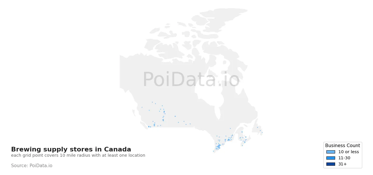 Brewing supply store density map for Canada