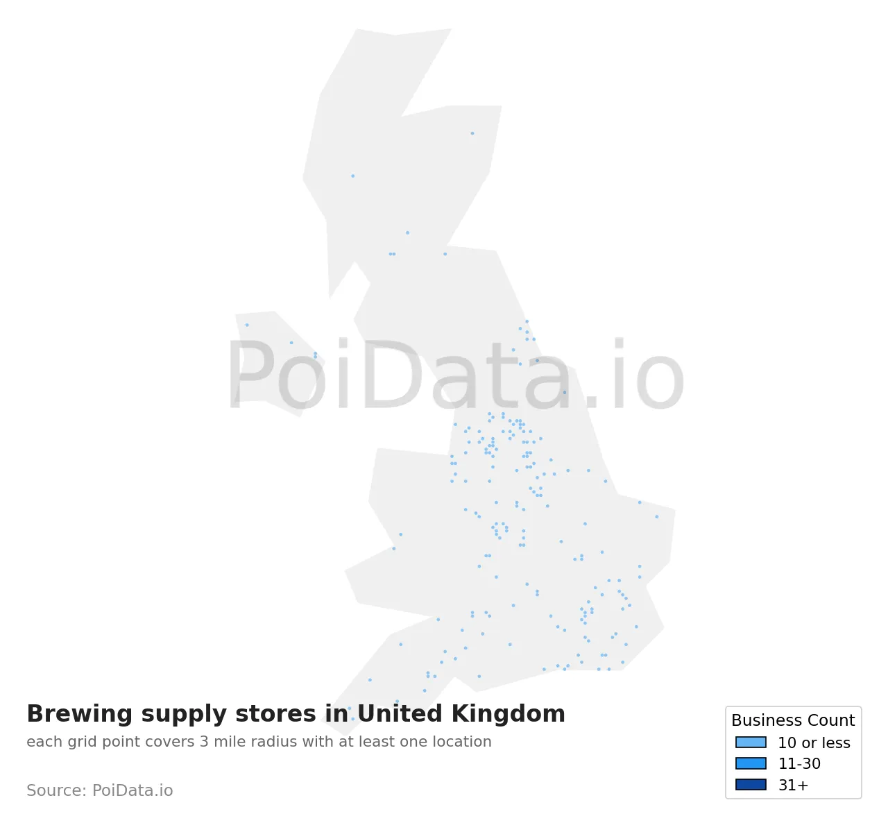 Brewing supply store density map for United Kingdom