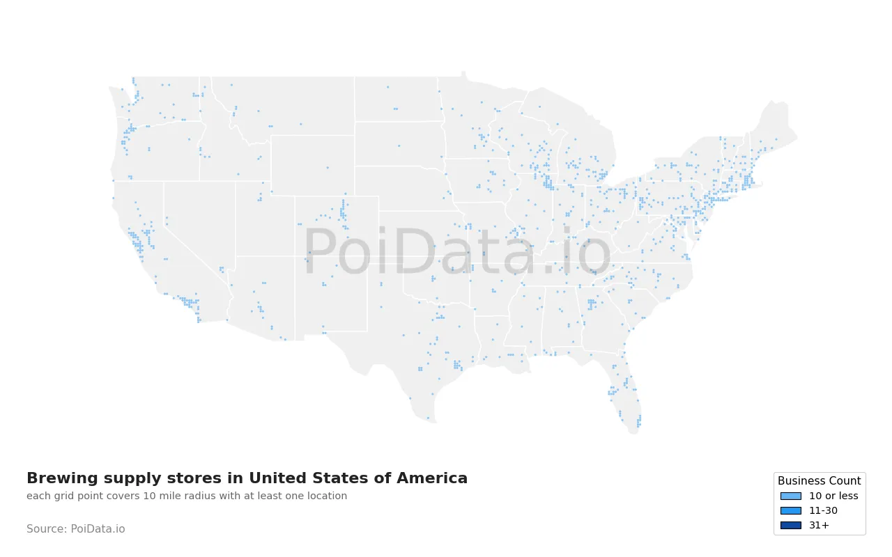 Brewing supply store density map for United States