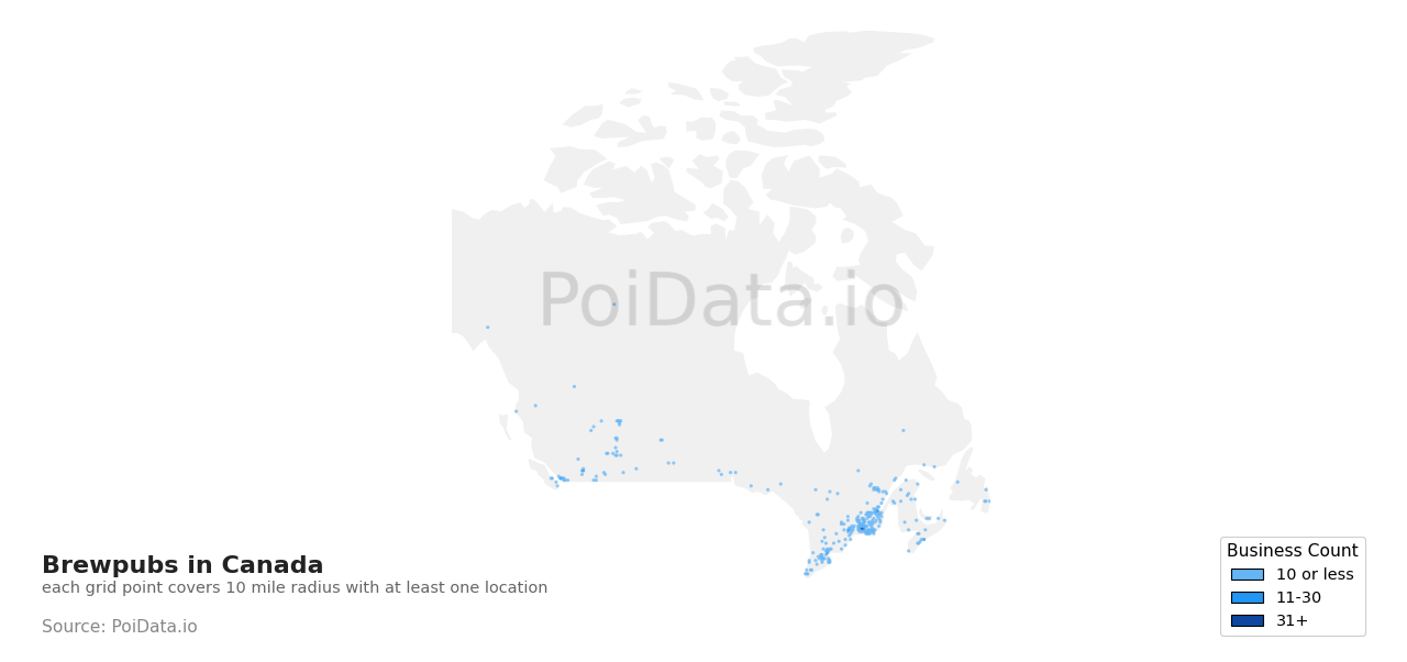 Brewpub density map for Canada