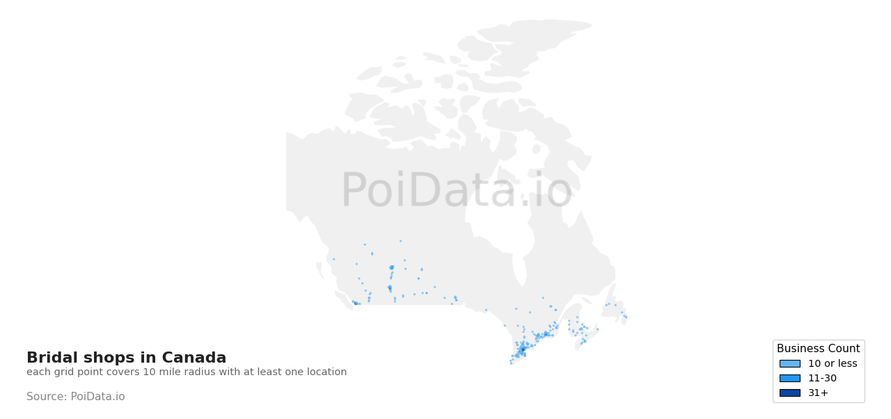 Bridal shop density map for Canada