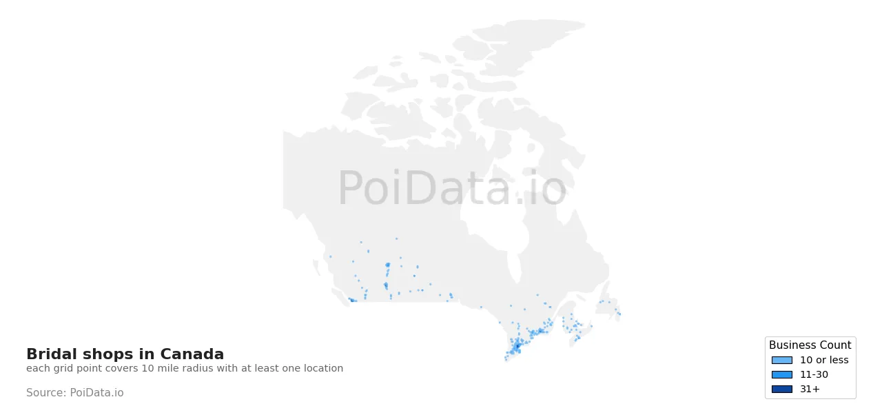 Bridal shop density map for Canada