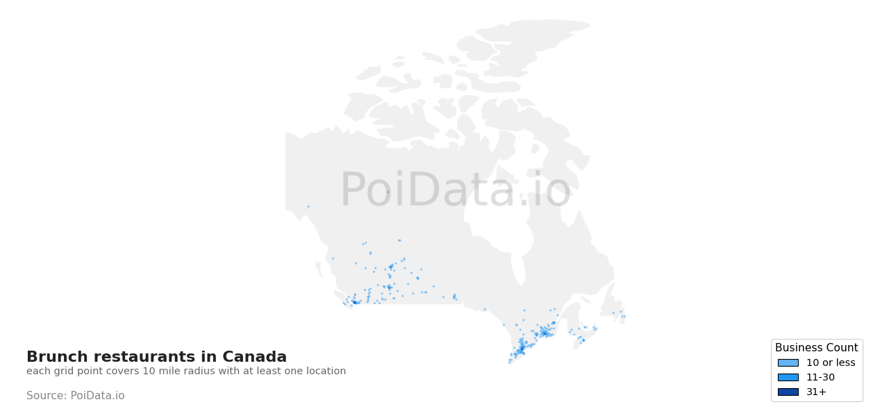 Brunch restaurant density map for Manitoba, Canada