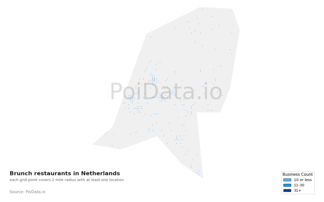 Brunch restaurant density map for Netherlands