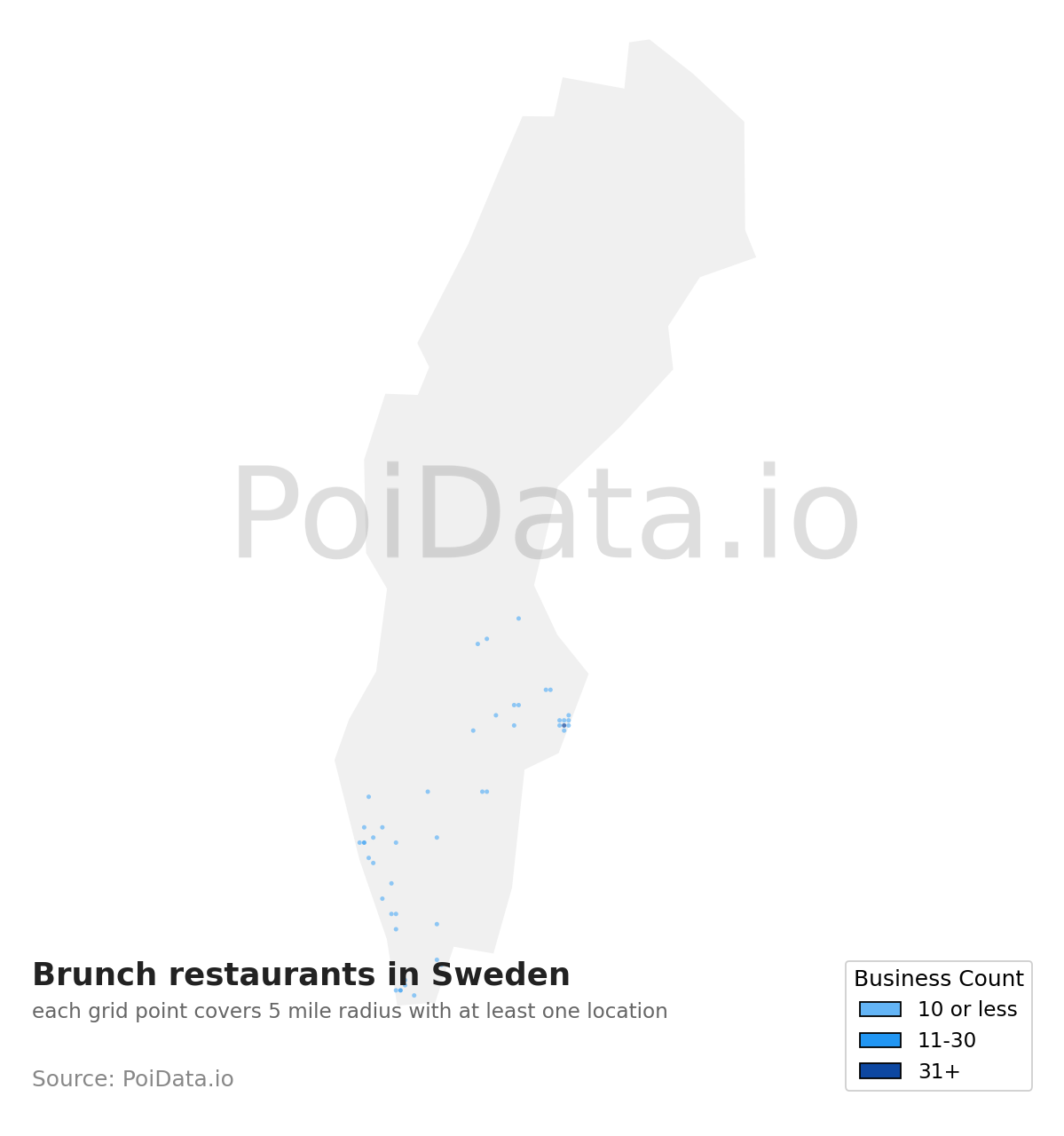 Brunch restaurant density map for Sweden
