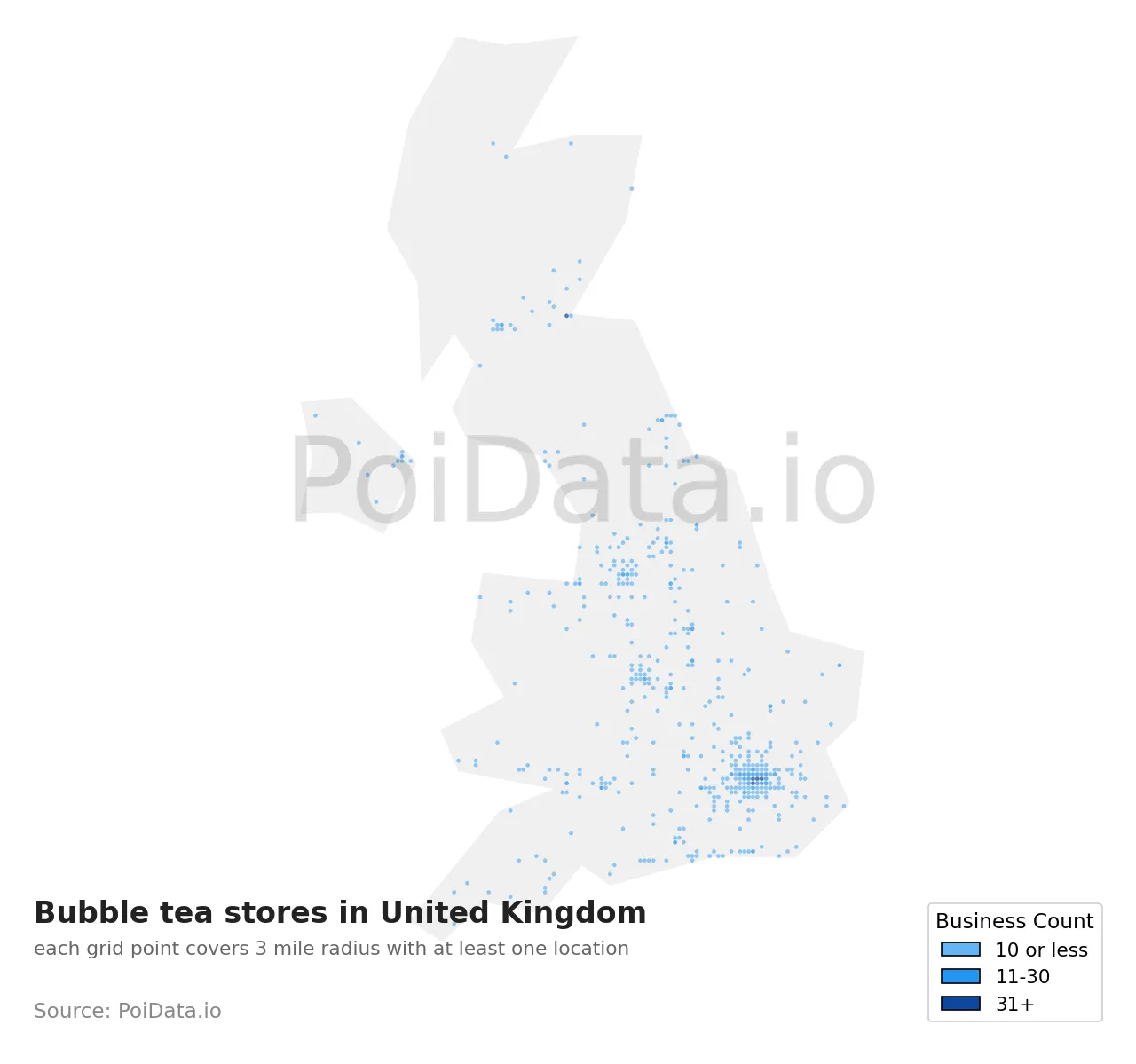 Bubble tea store density map for United Kingdom