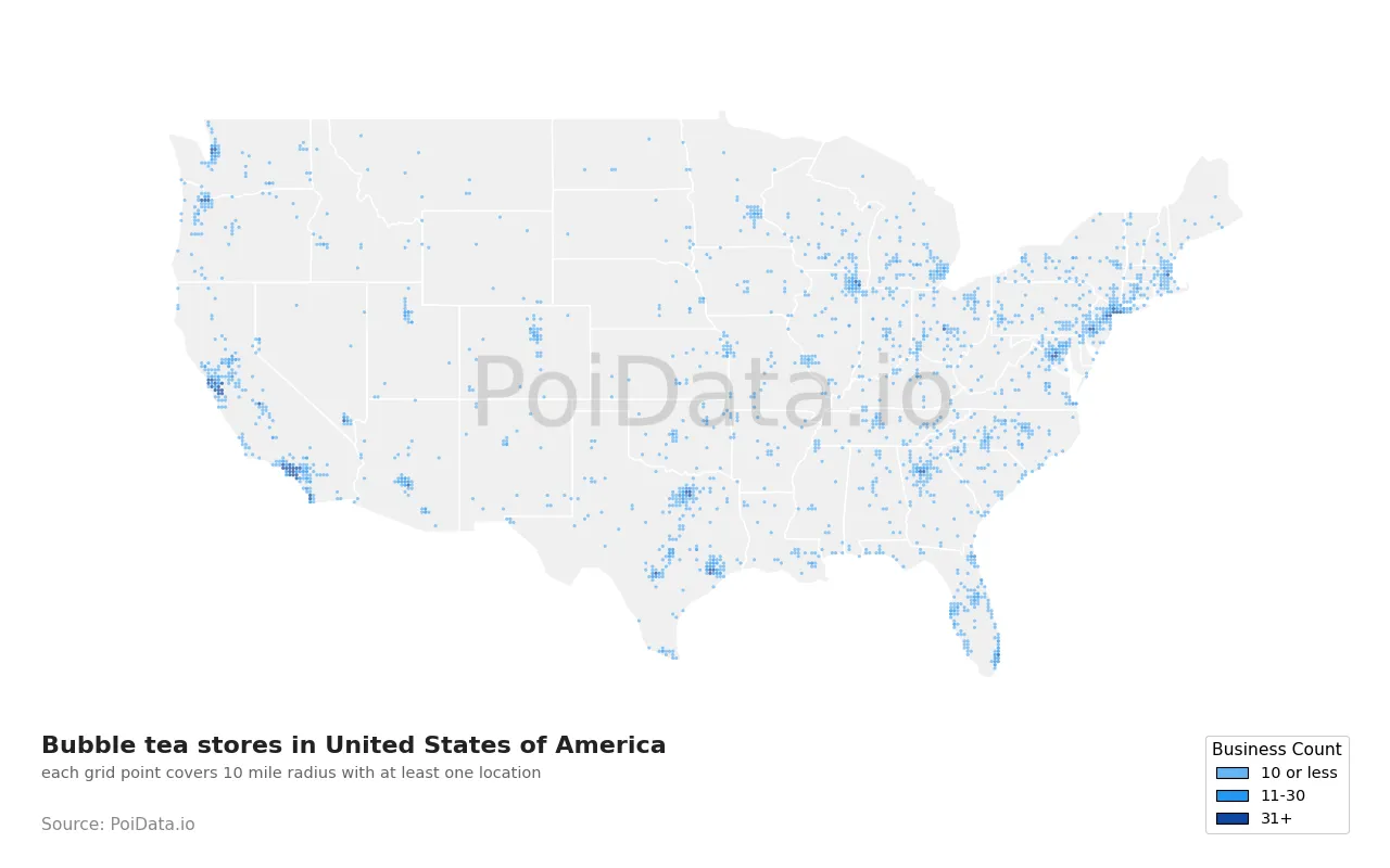 Bubble tea store density map for United States