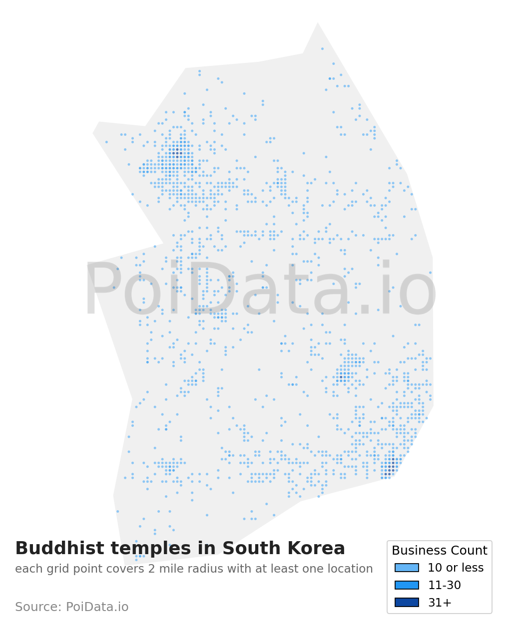 Buddhist temple density map for South Korea