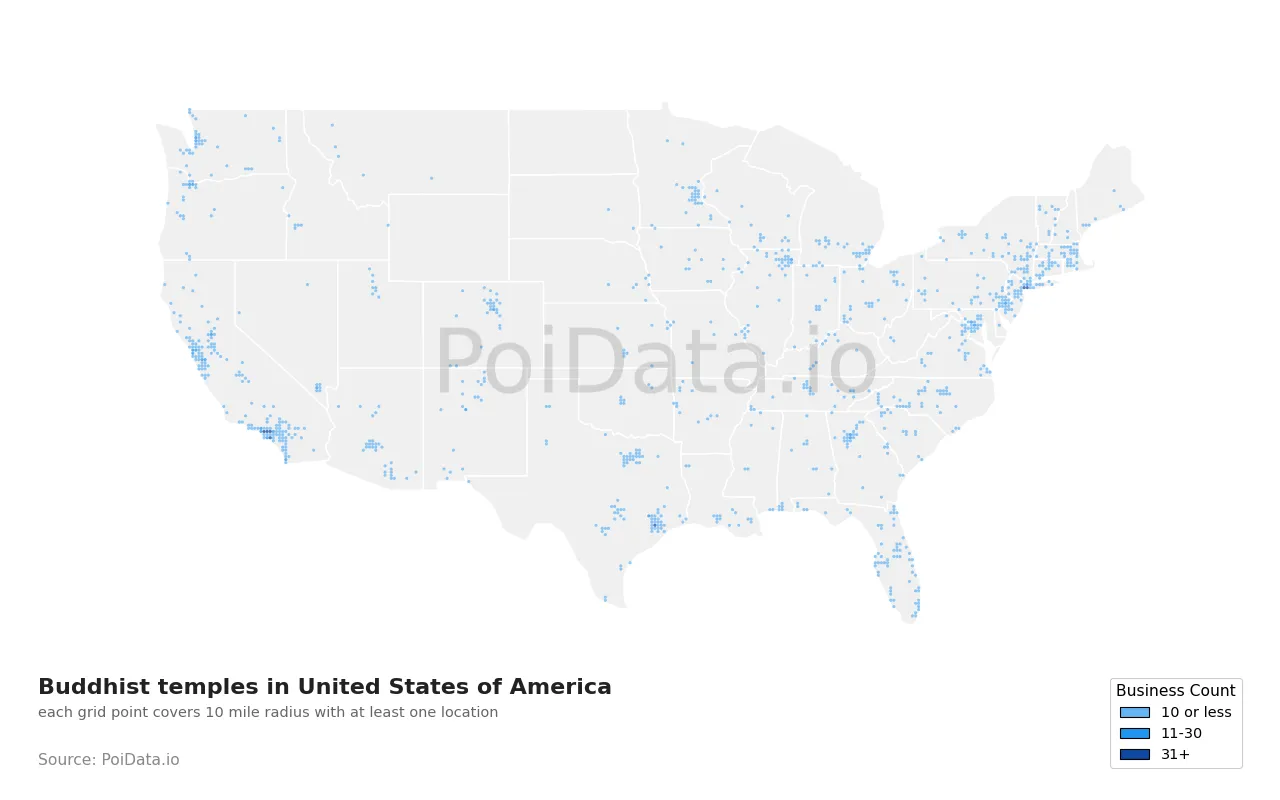 Buddhist temple density map for United States
