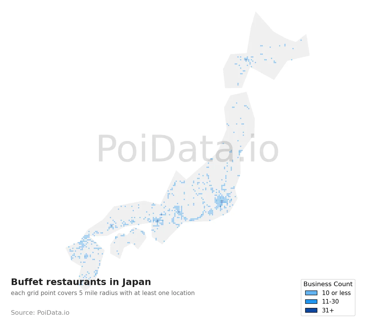 Buffet restaurant density map for Japan