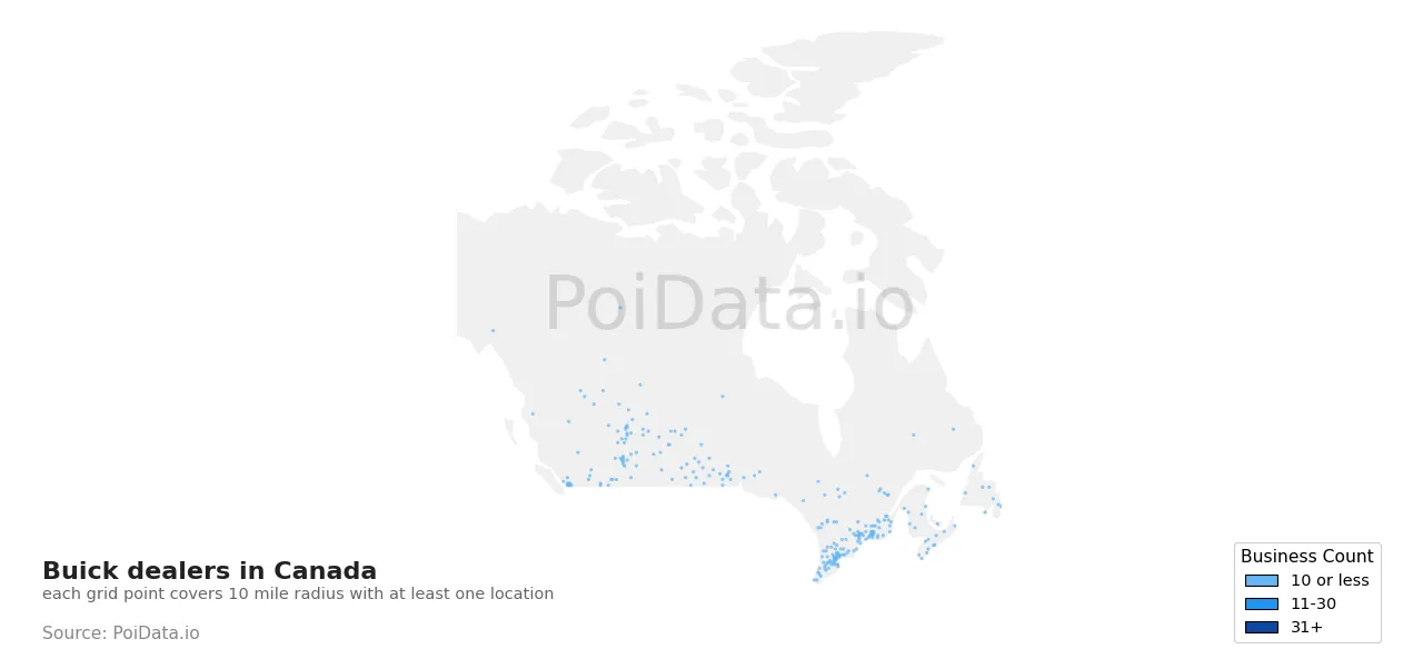 Buick dealer density map for Canada