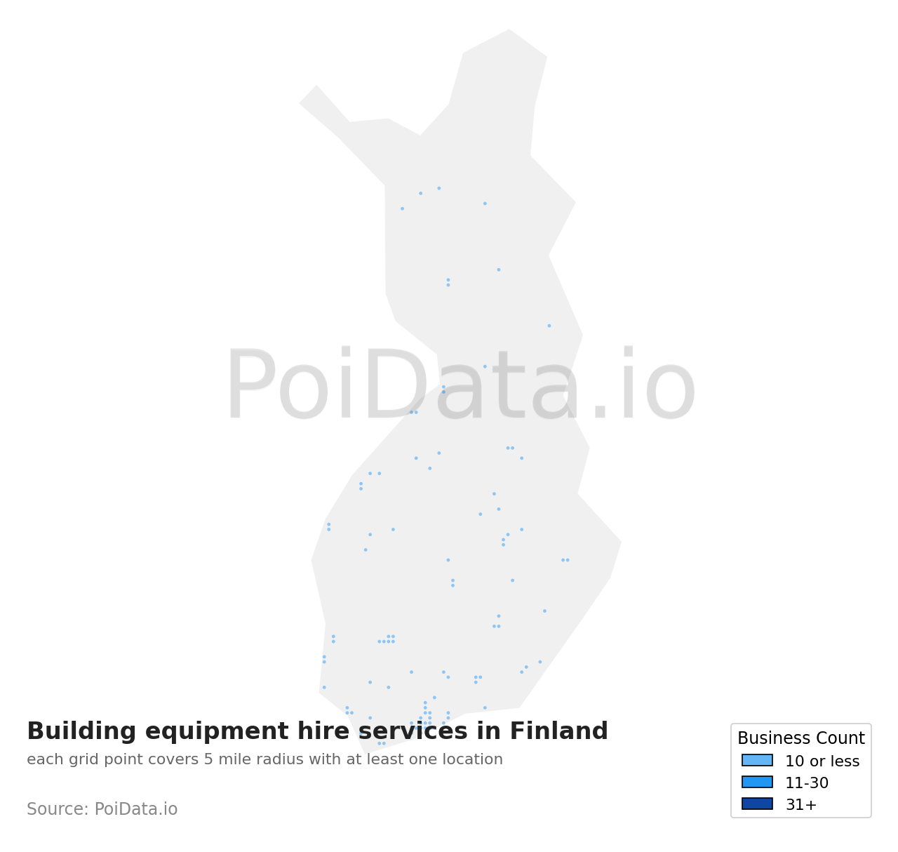 Building equipment hire service density map for Finland