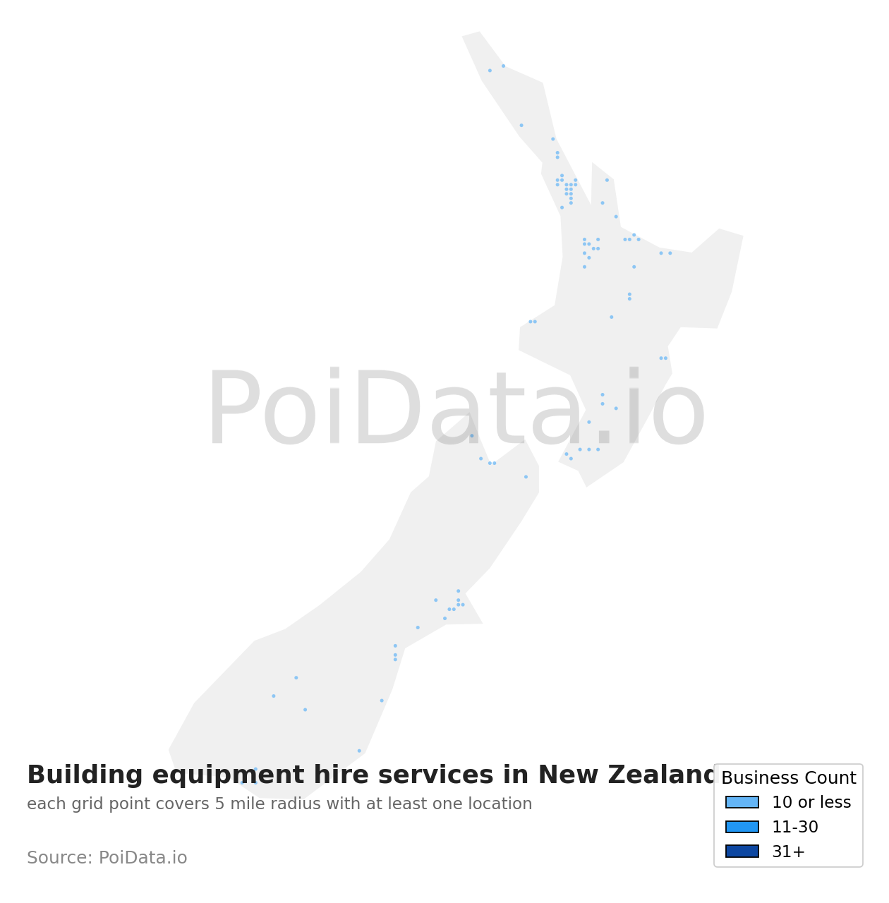 Building equipment hire service density map for New Zealand