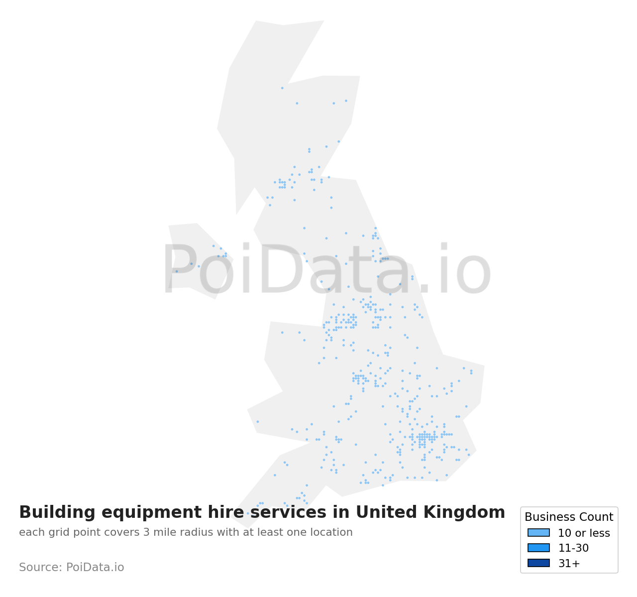 Building equipment hire service density map for United Kingdom