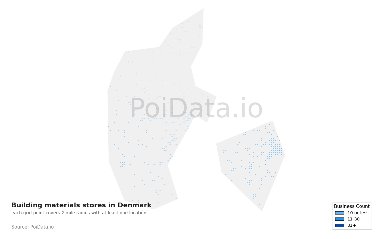 Building materials store density map for Denmark