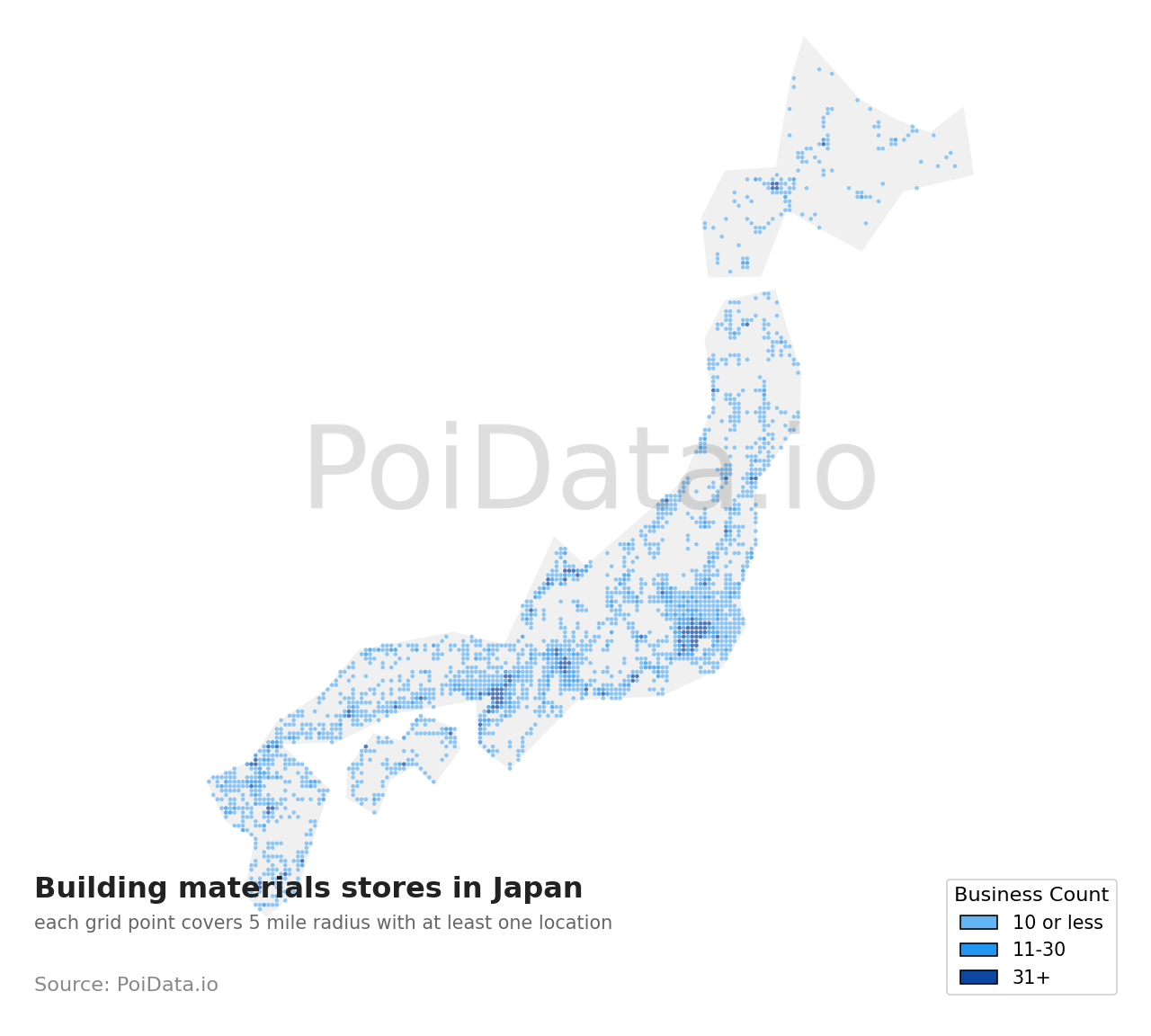 Building materials store density map for Japan