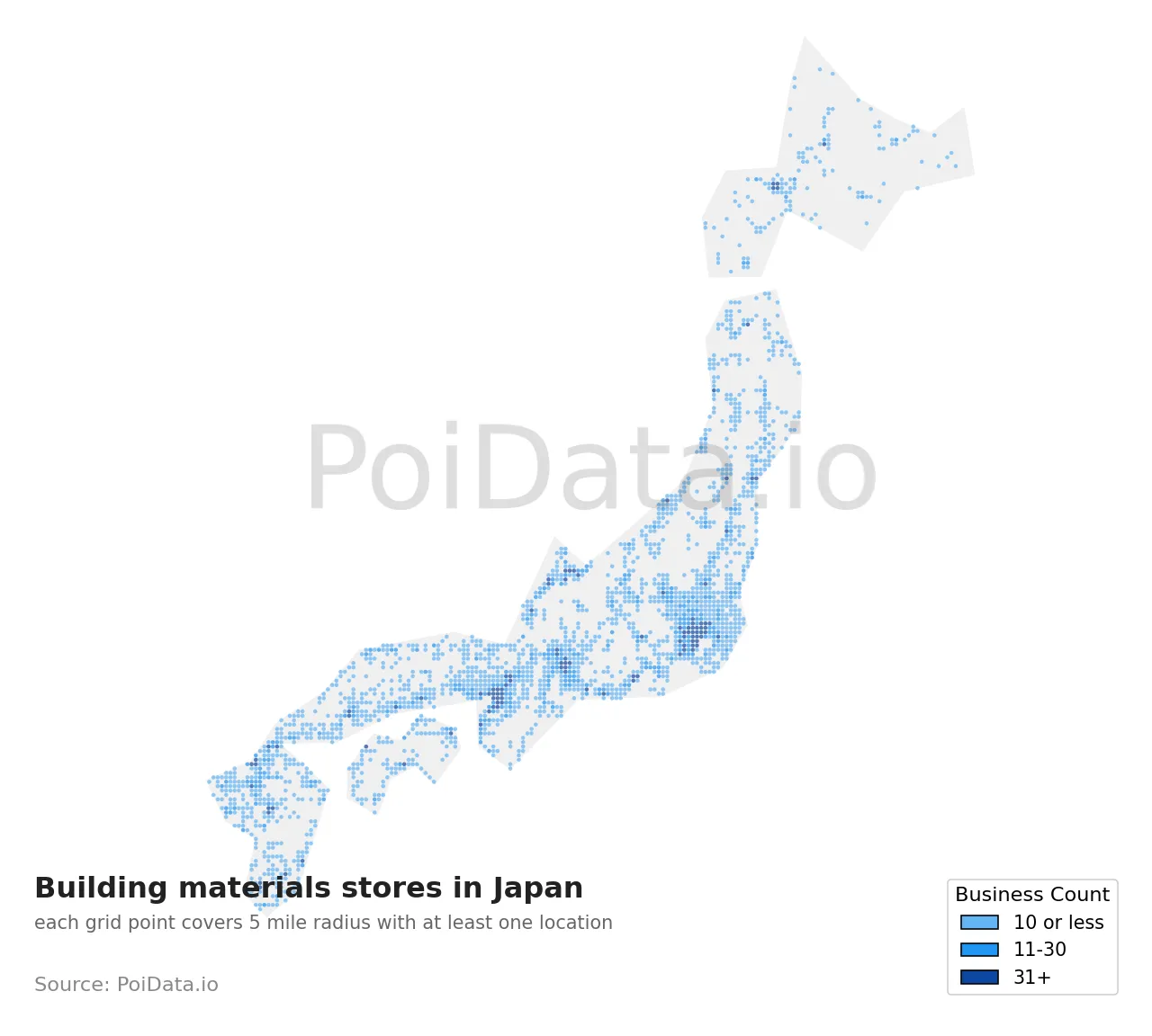 Building materials store density map for Japan