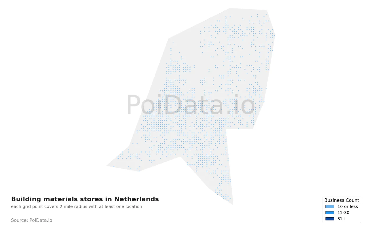 Building materials store density map for Netherlands