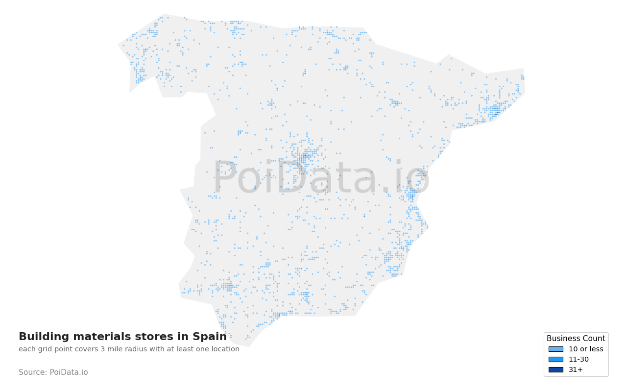Building materials store density map for Spain