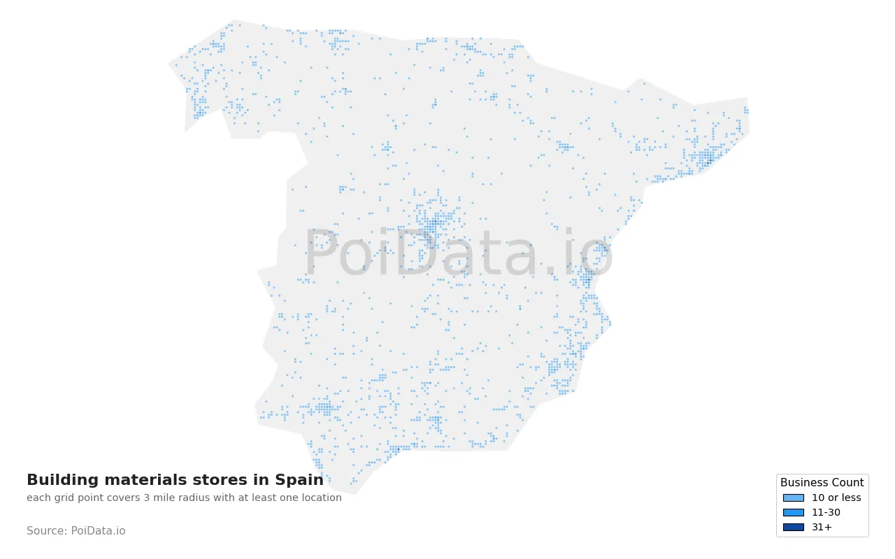 Building materials store density map for Spain