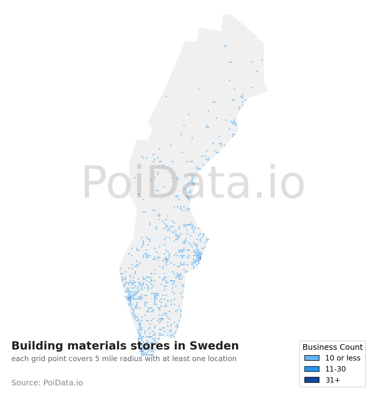 Building materials store density map for Sweden
