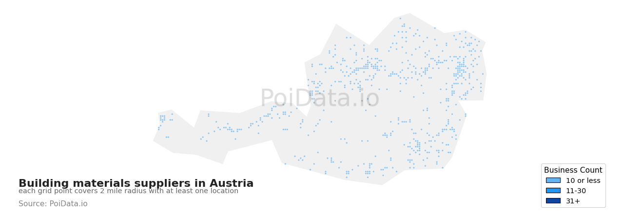 Building materials supplier density map for Austria