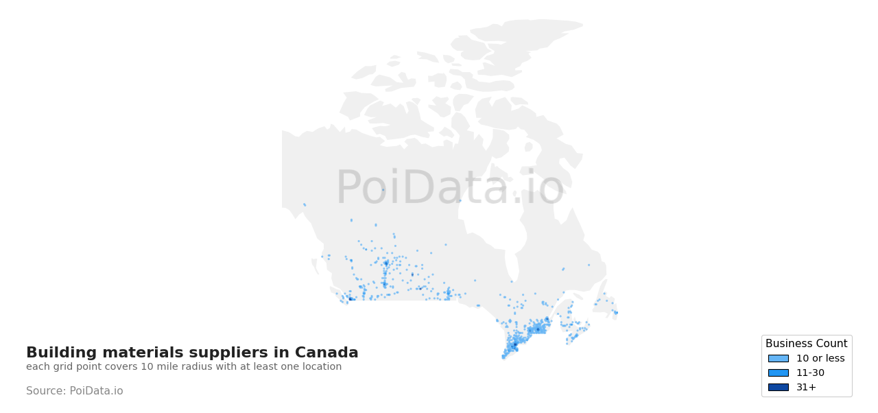 Building materials supplier density map for Canada
