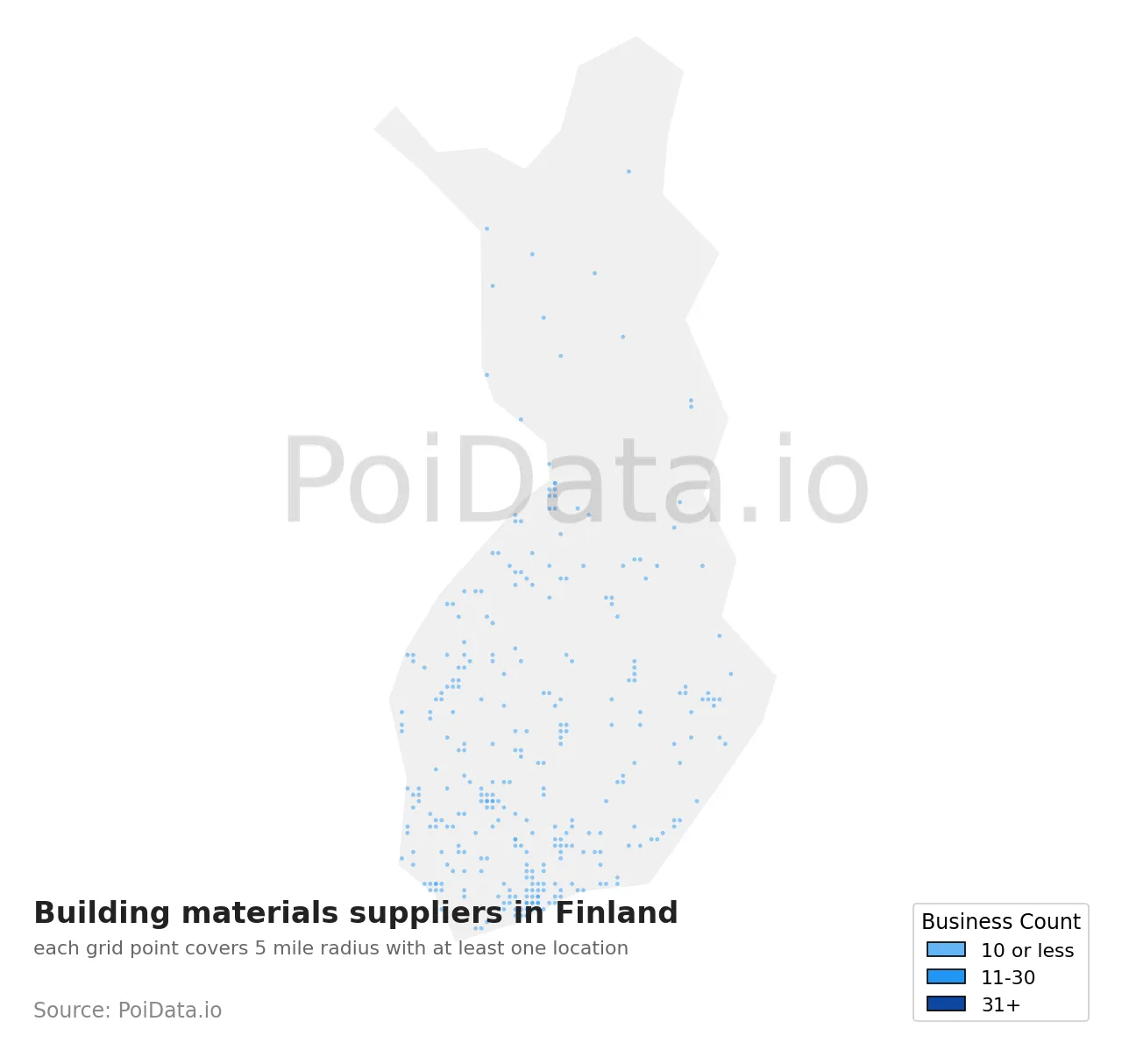 Building materials supplier density map for Finland