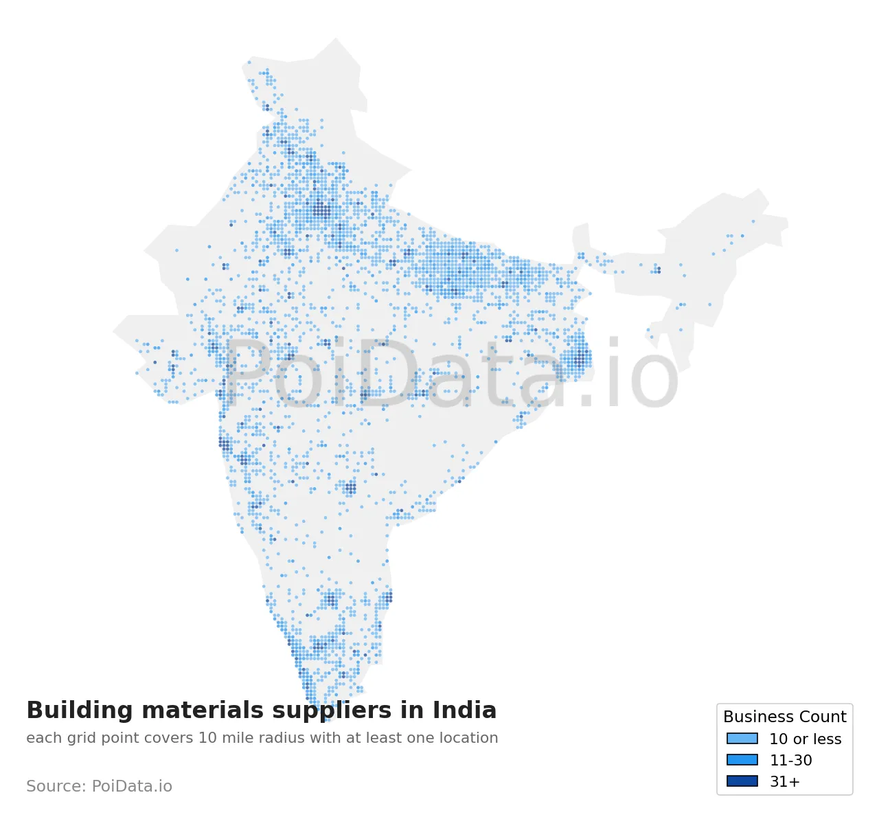 Building materials supplier density map for India