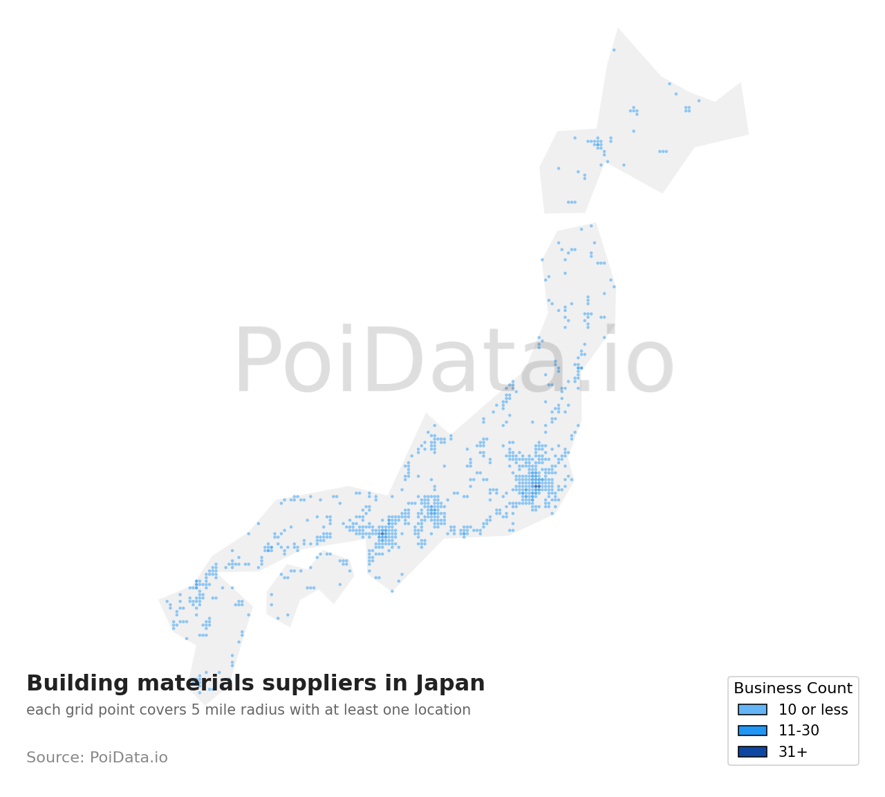 Building materials supplier density map for Japan