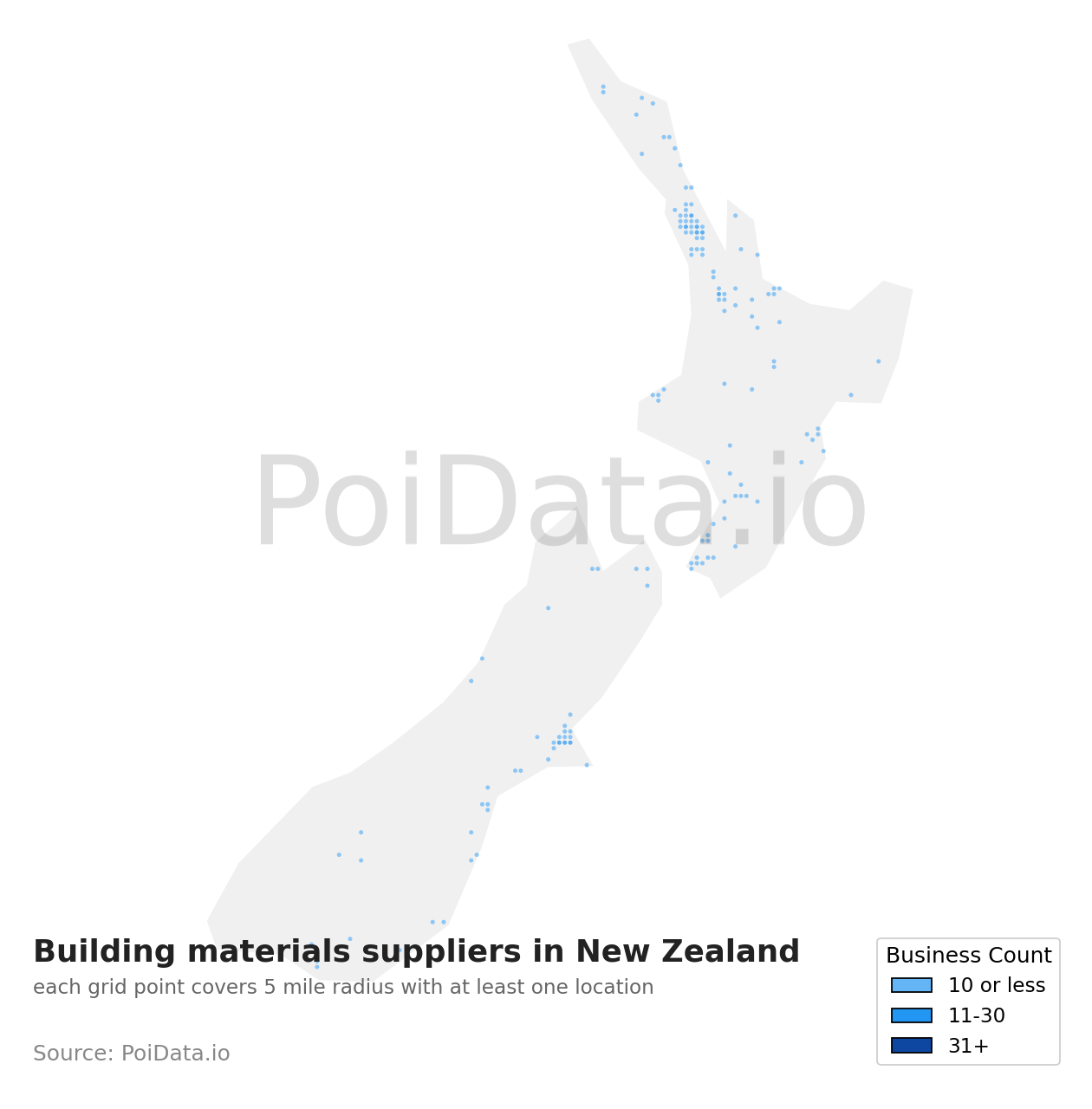 Building materials supplier density map for New Zealand