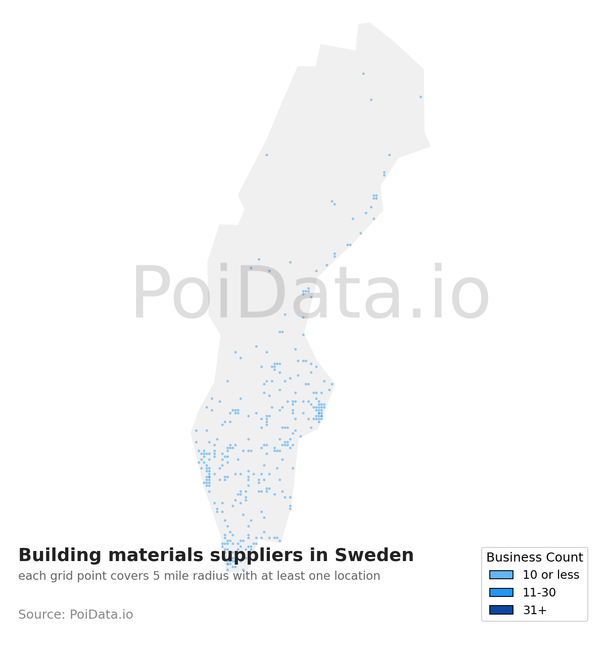Building materials supplier density map for Sweden