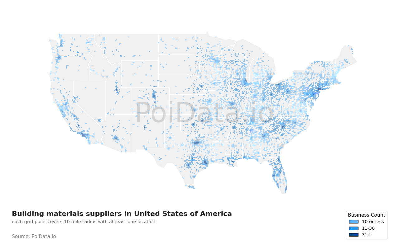 Building materials supplier density map for United States