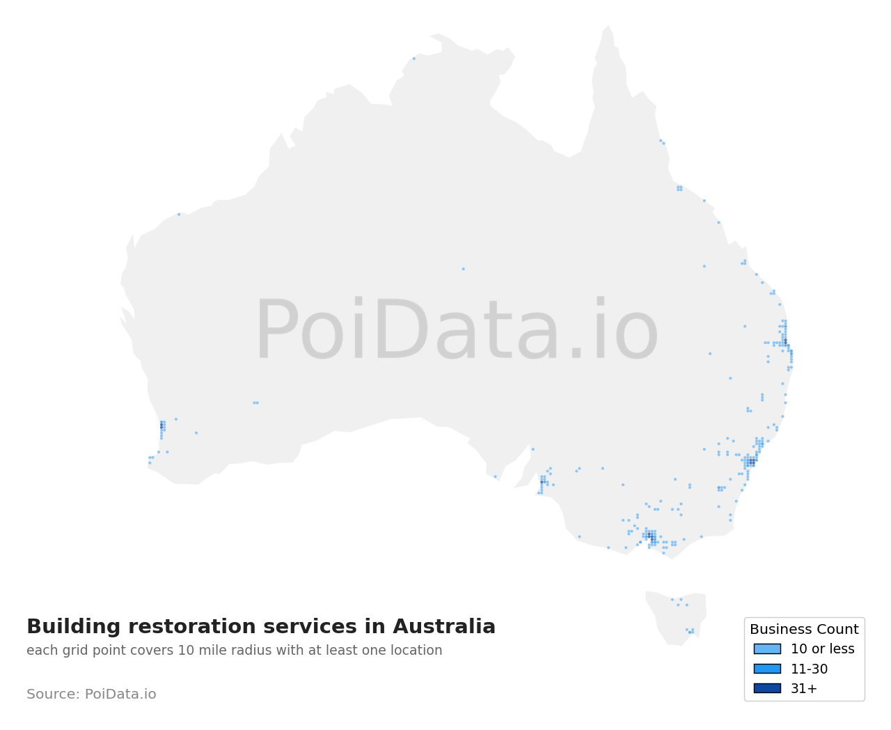 Building restoration service density map for Australia