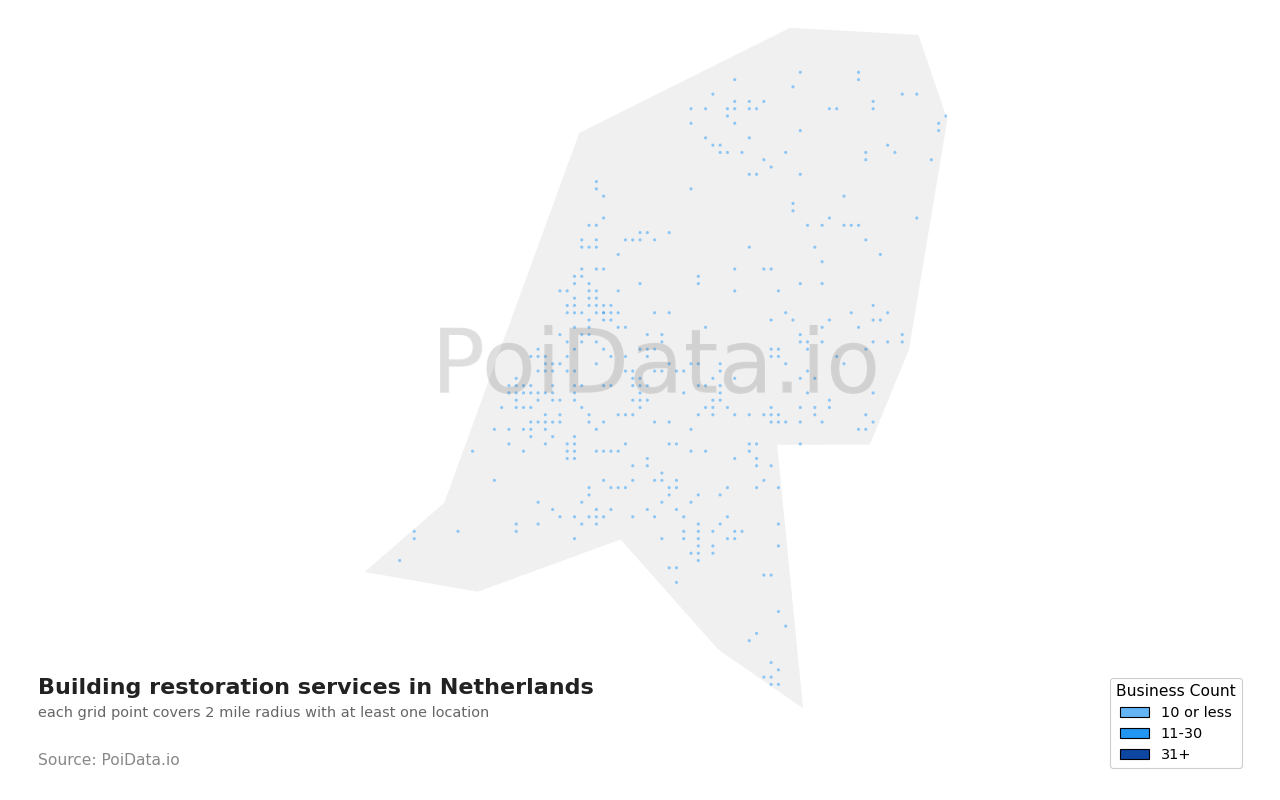 Building restoration service density map for Netherlands