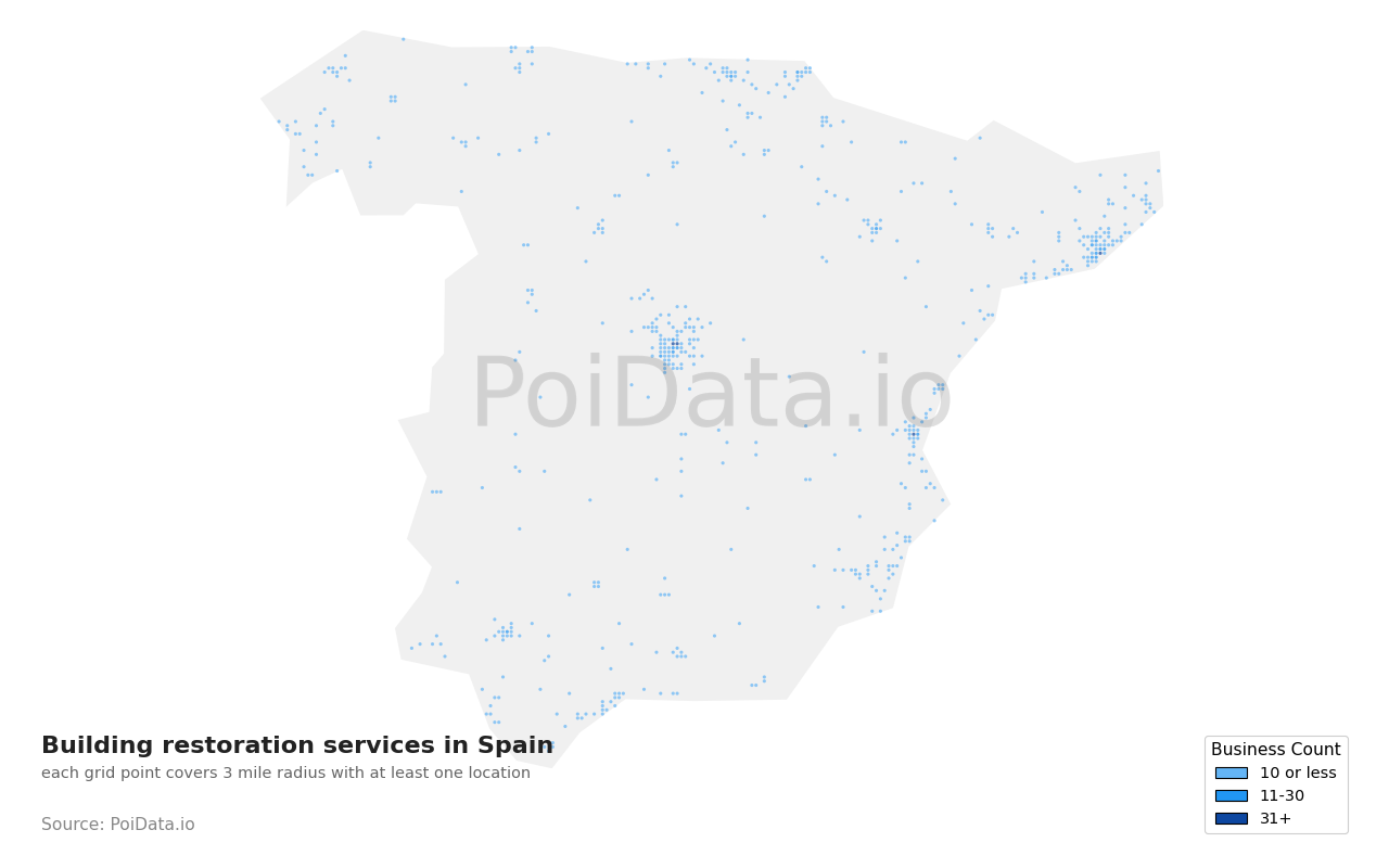 Building restoration service density map for Spain