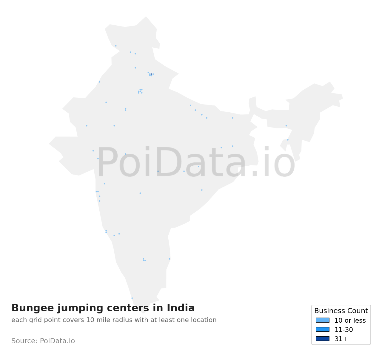Bungee jumping center density map for India