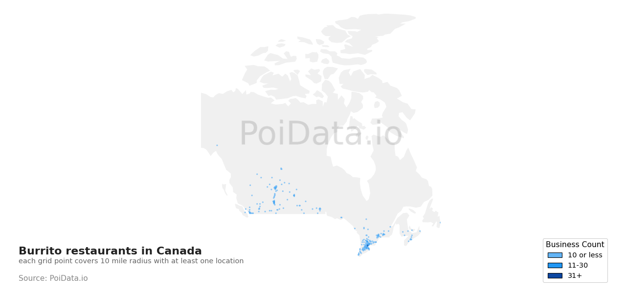 Burrito restaurant density map for Canada