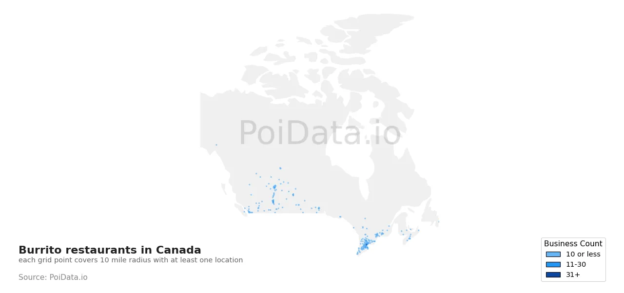Burrito restaurant density map for Canada