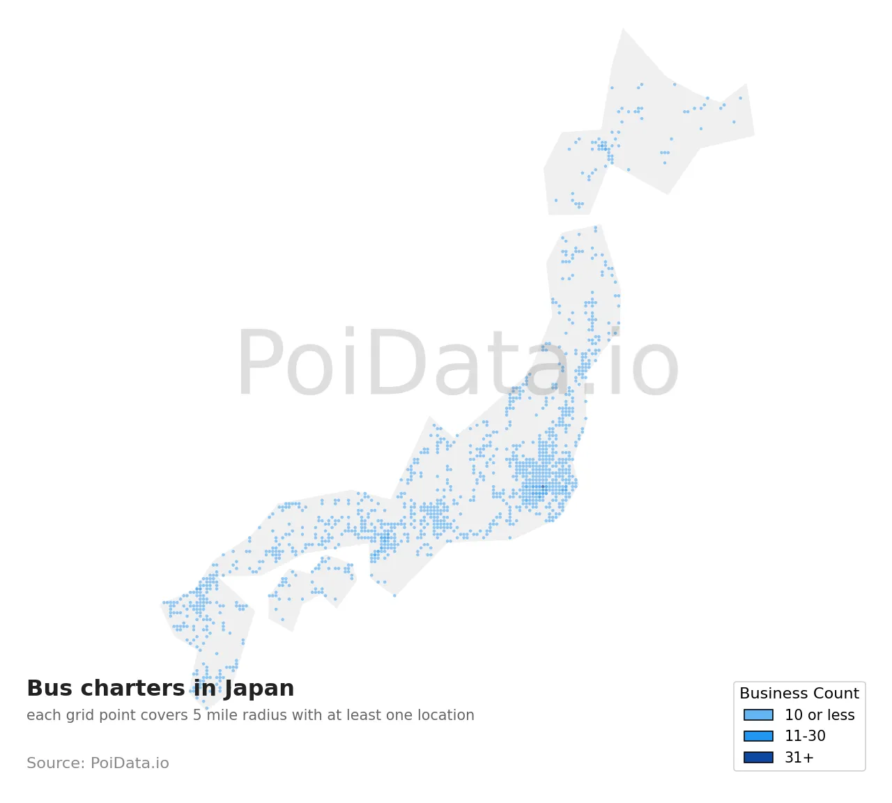 Bus charter density map for Japan