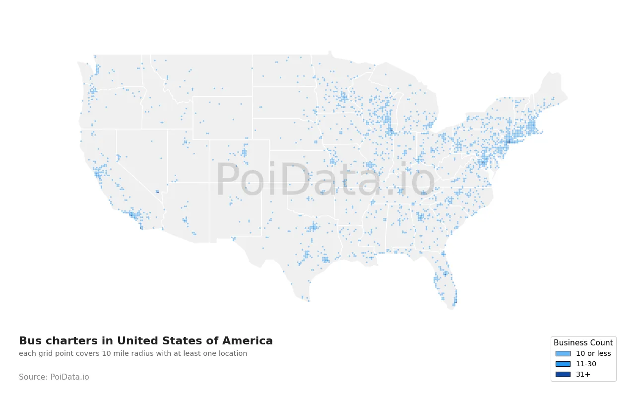 Bus charter density map for United States