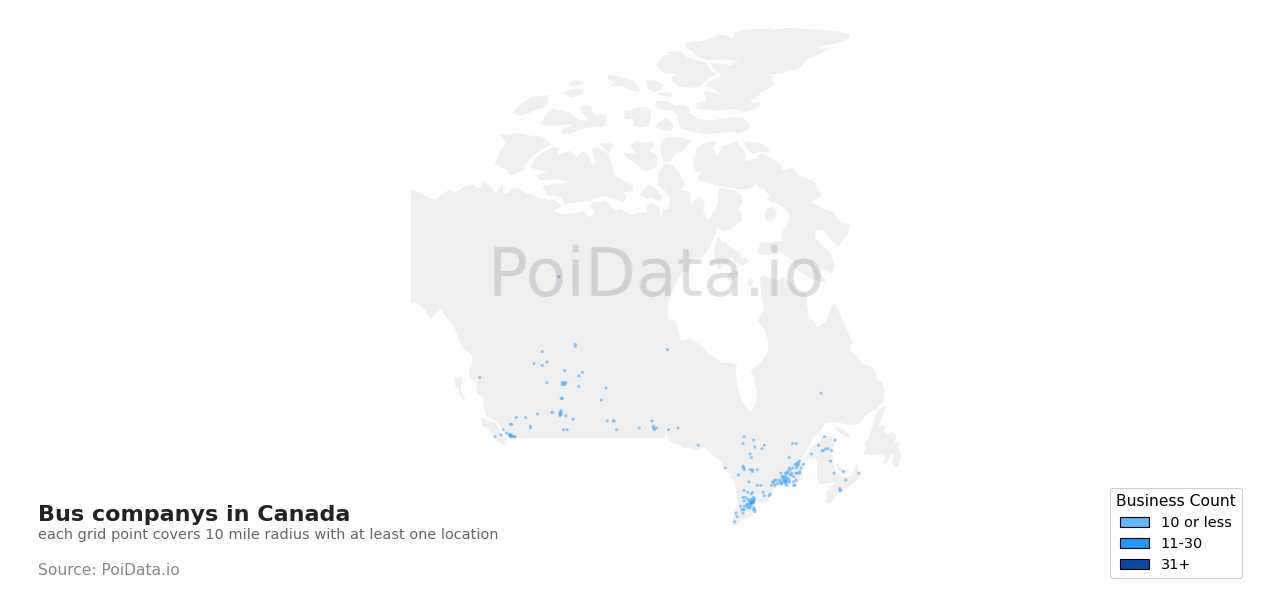 Bus company density map for British Columbia, Canada