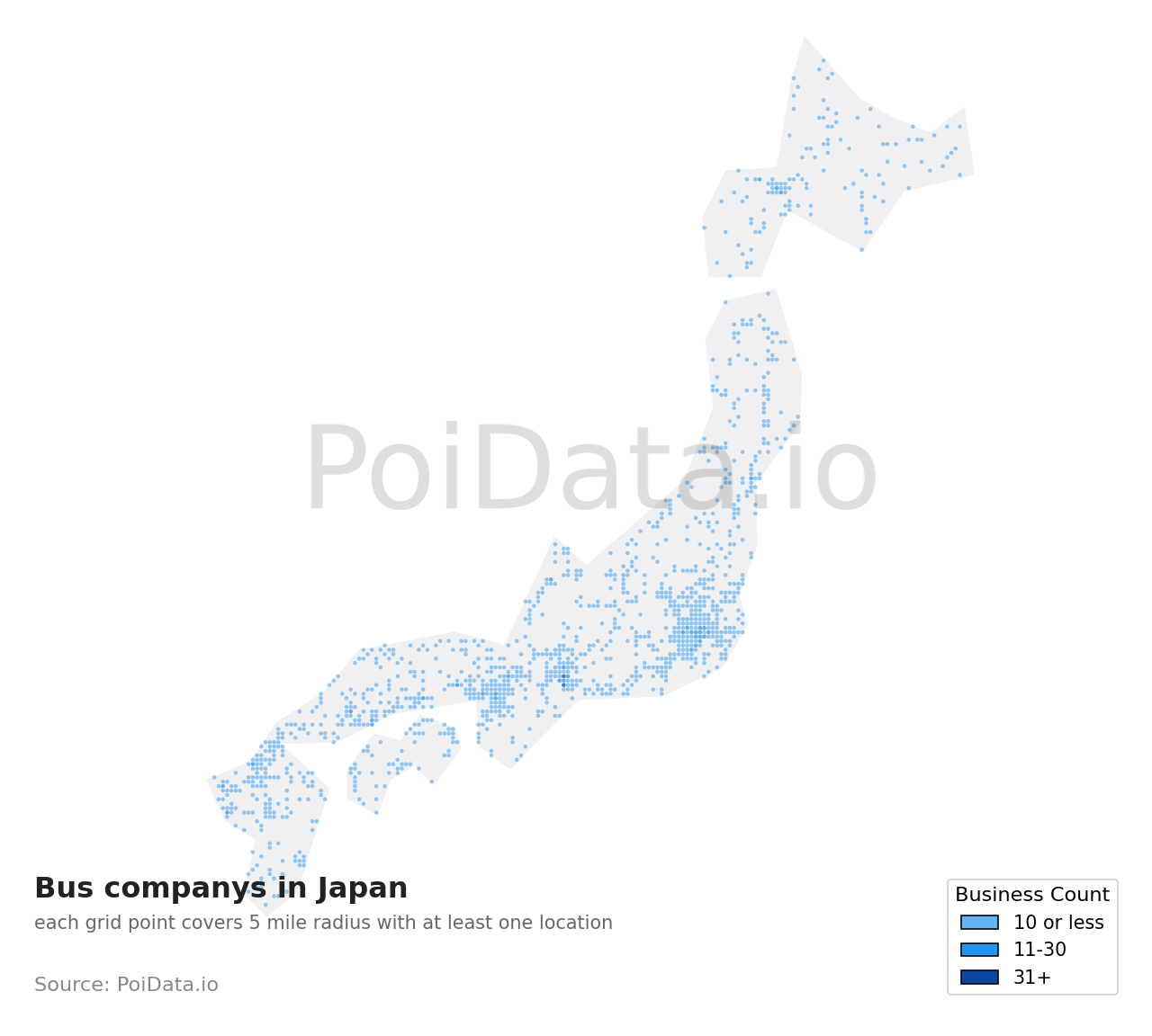 Bus company density map for Japan