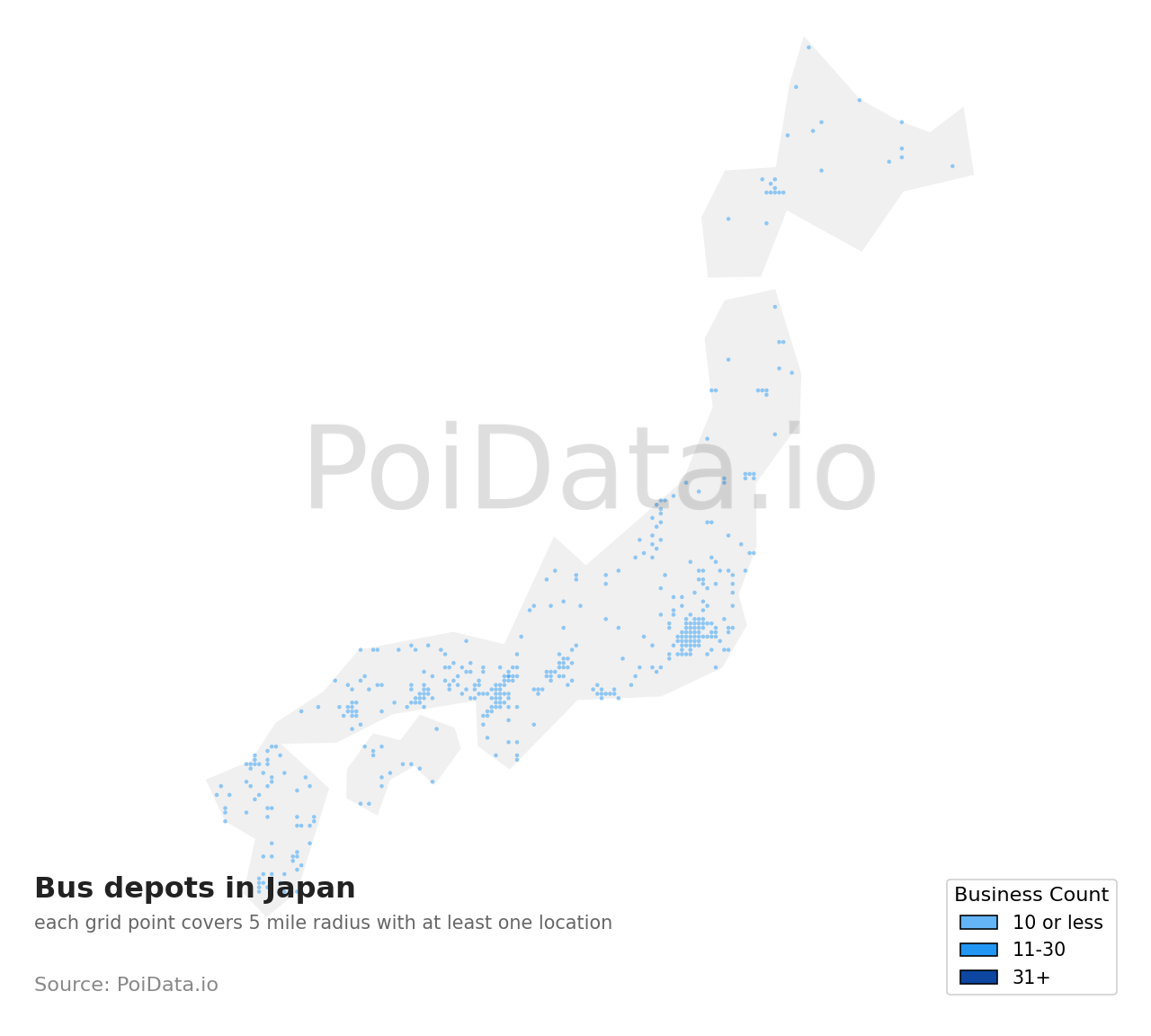 Bus depot density map for Japan