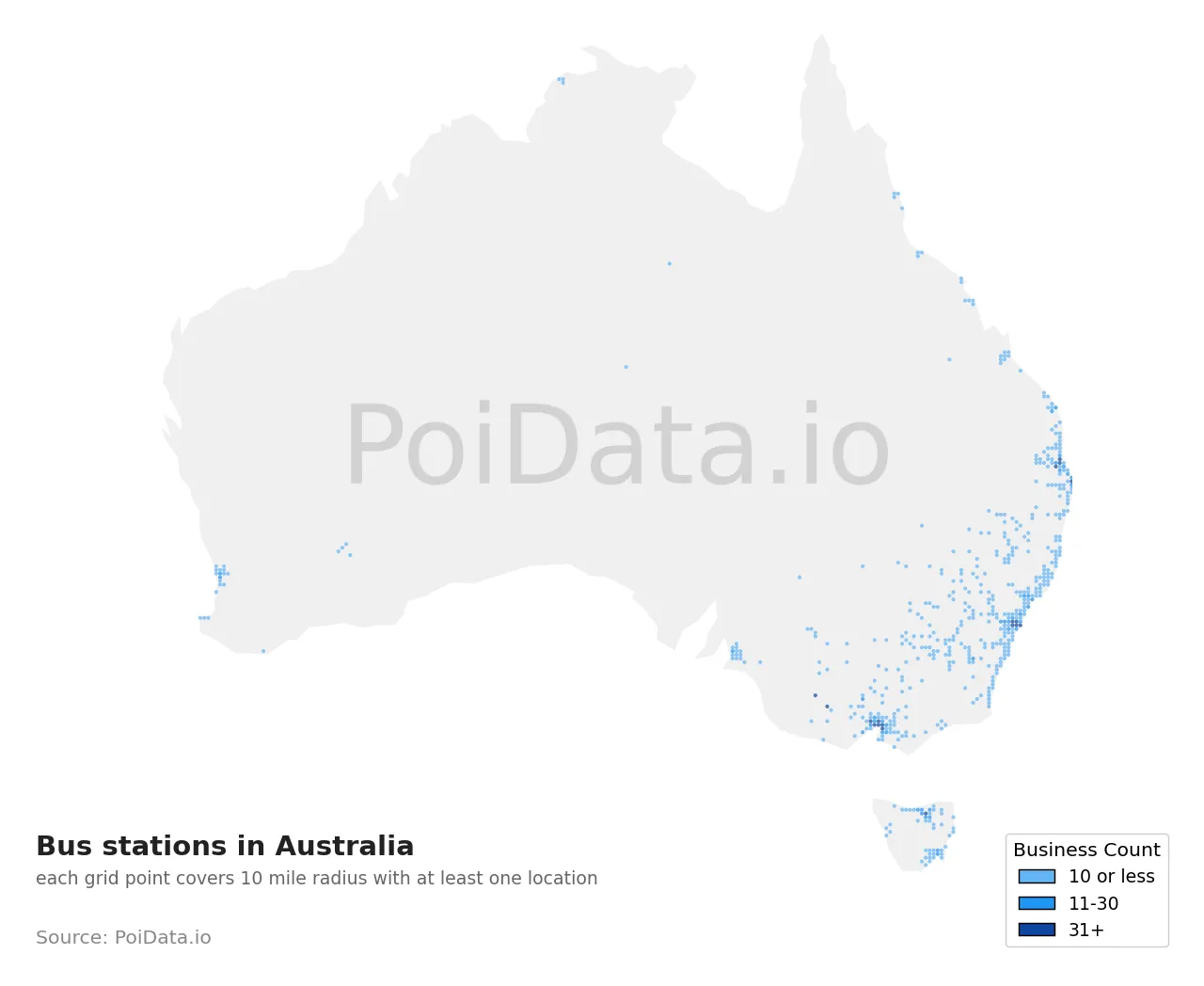 Bus station density map for Australia