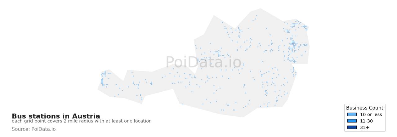 Bus station density map for Austria