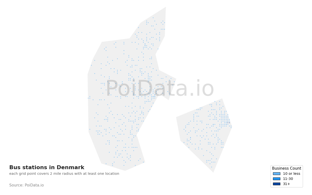 Bus station density map for Denmark